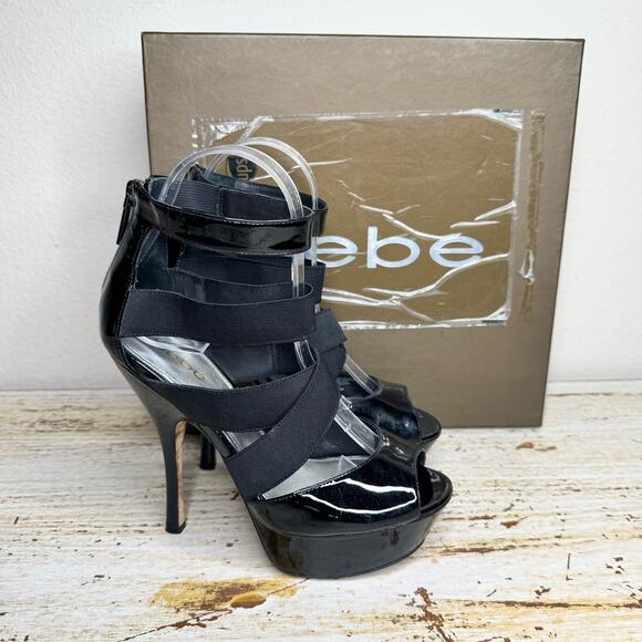Bebe Black Criss Cross Ankle Strappy Platform Sandals 6M - Picture 1 of 13